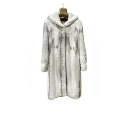 Cappotto di pelliccia di visone naturale reale di importazione di lusso lungo con cappuccio grande colore grigio chiaro argento blu croce donne bellissimo cappotto di pelliccia