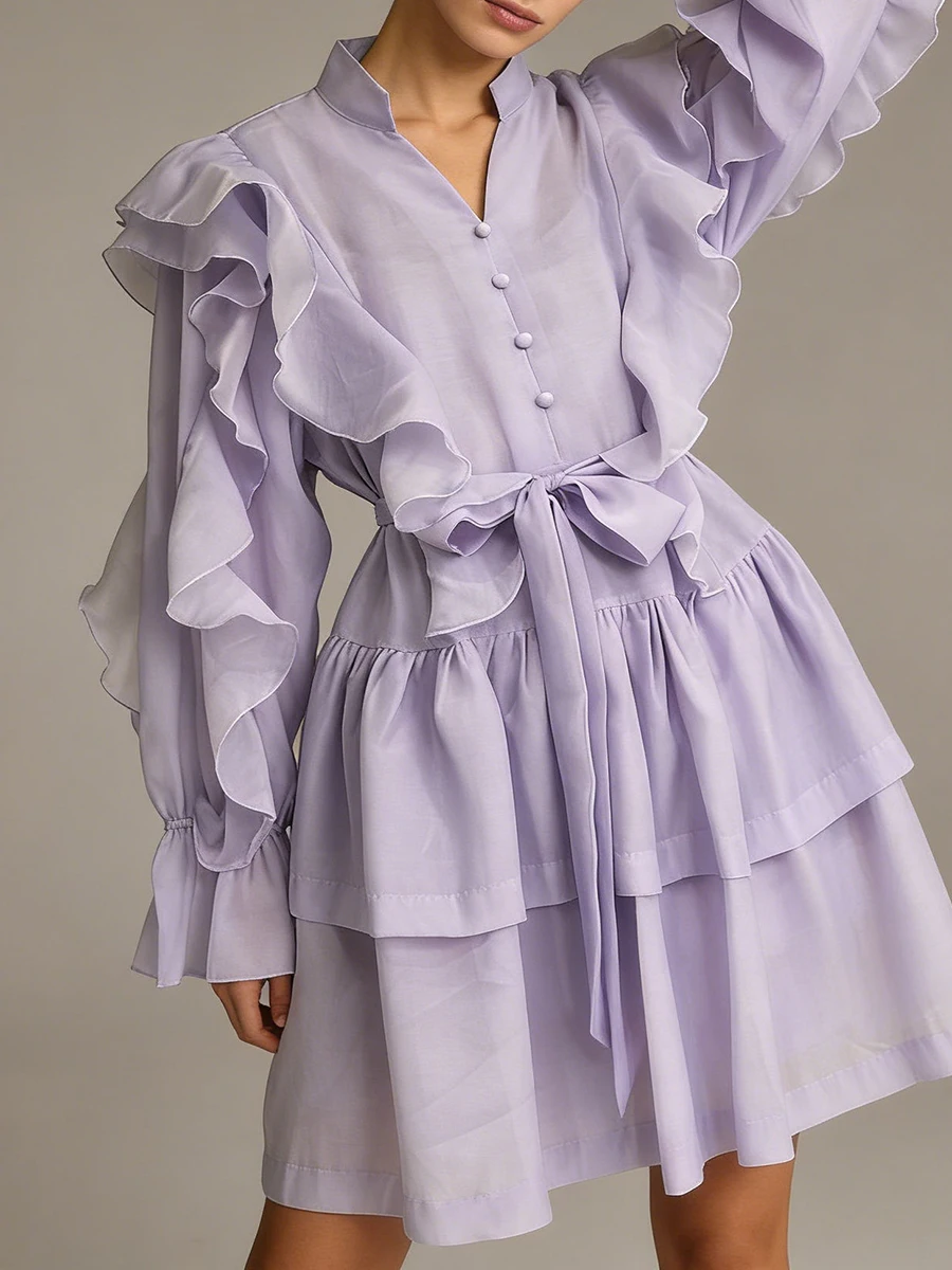 VGH الفرنسية الحلو المرقعة Bowknot فستان قصير للنساء الخامس الرقبة طويلة الأكمام عالية الخصر الكشكشة فساتين الشيفون الإناث ربيع جديد