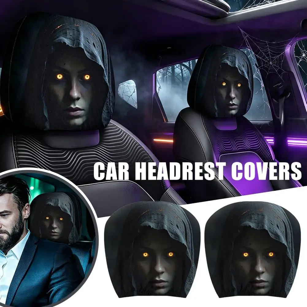 Conjunto de 2/4/6/8 Peças de Capas para Apoio de Cabeça de Carro com Estampa de Senhora Ceifadora de Terror de Halloween, Capas Assustadoras para Encosto de Banco de Carro, Decoração Interior Automotiva 2D de Halloween
