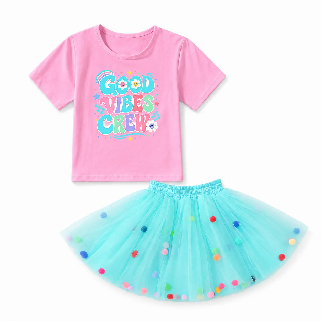 Summer Toddler Girl 2Pcs Outfit Good Vibes Crew Print Short Sleeve Cotton T-shirt Colorful Pom Pom Tulle Tutu Skirt Kids Birthda