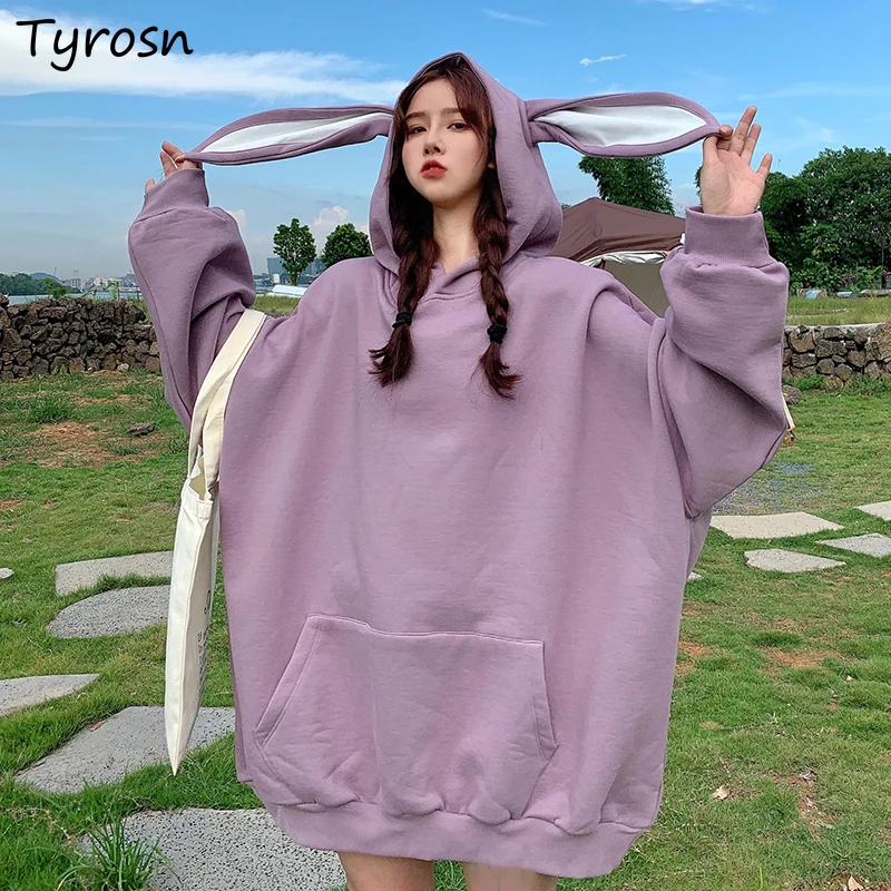 

Women Hooded Hoodies Kawaii Ulzzang Student Rabbit Hat Sweet Tender Streetwear All-match Designed Bf Popular Mujer Aesthetic