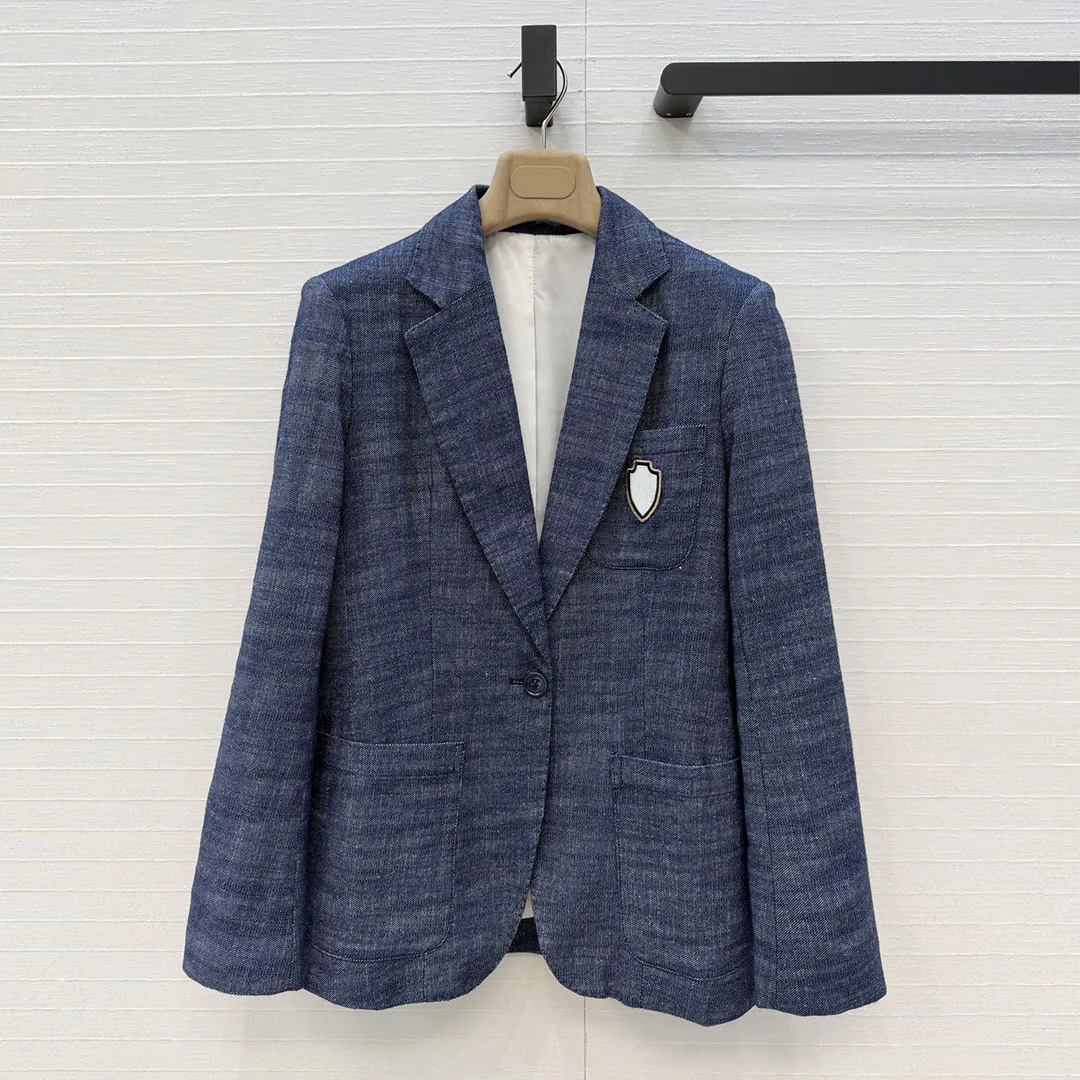 Blue Cotton Linen azer Jacket Women 2026 New Spring Fashion Elgant Lady Notched Badge Design Pocket Casual Suit Coat
