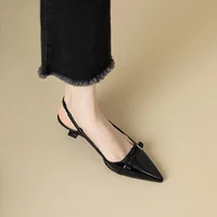 2024 New Summer French Wine Red Pointed Patent Leather Mid-heel Overhead Sandals for Women Retro Skinny Heel Back Empty Shoes - Image 3