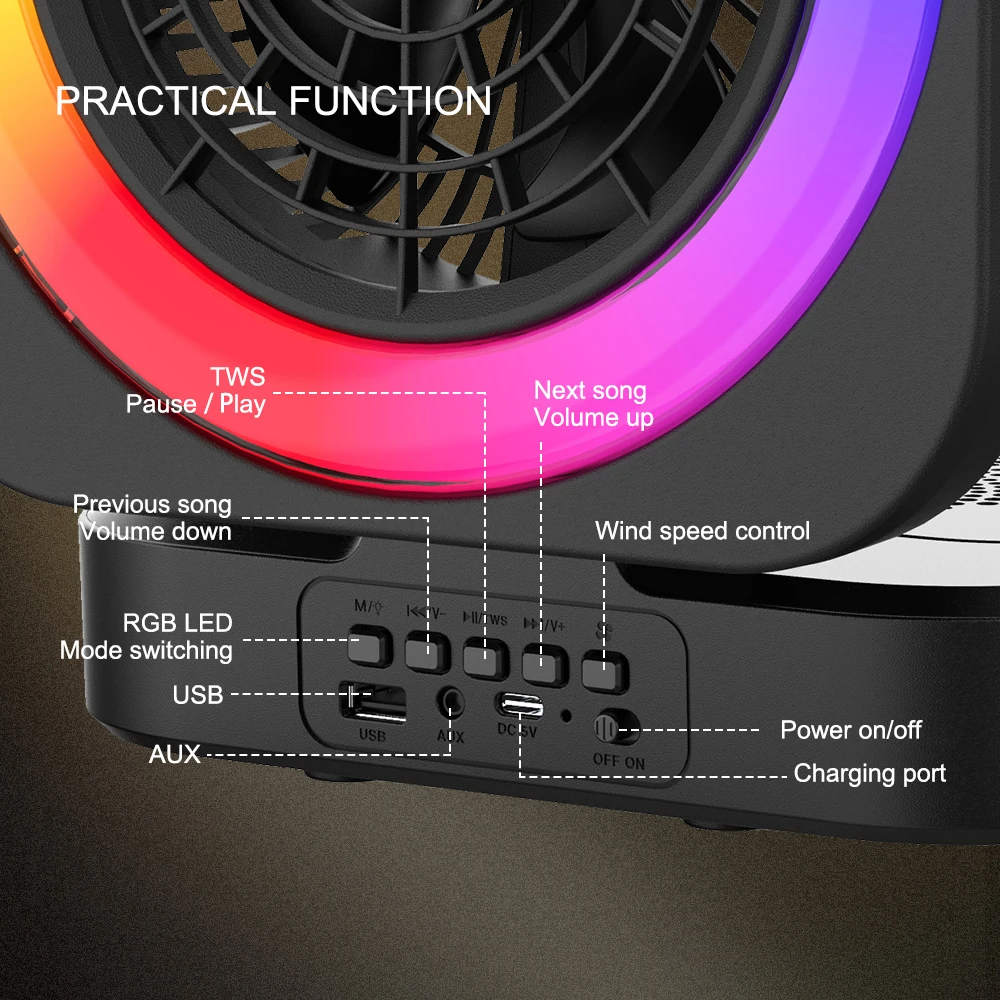 ZQS1456 Portable Foldable Bluetooth Speaker With Fan RGB Light Audio Recording Sound System Desktop Home Outdoor Camping