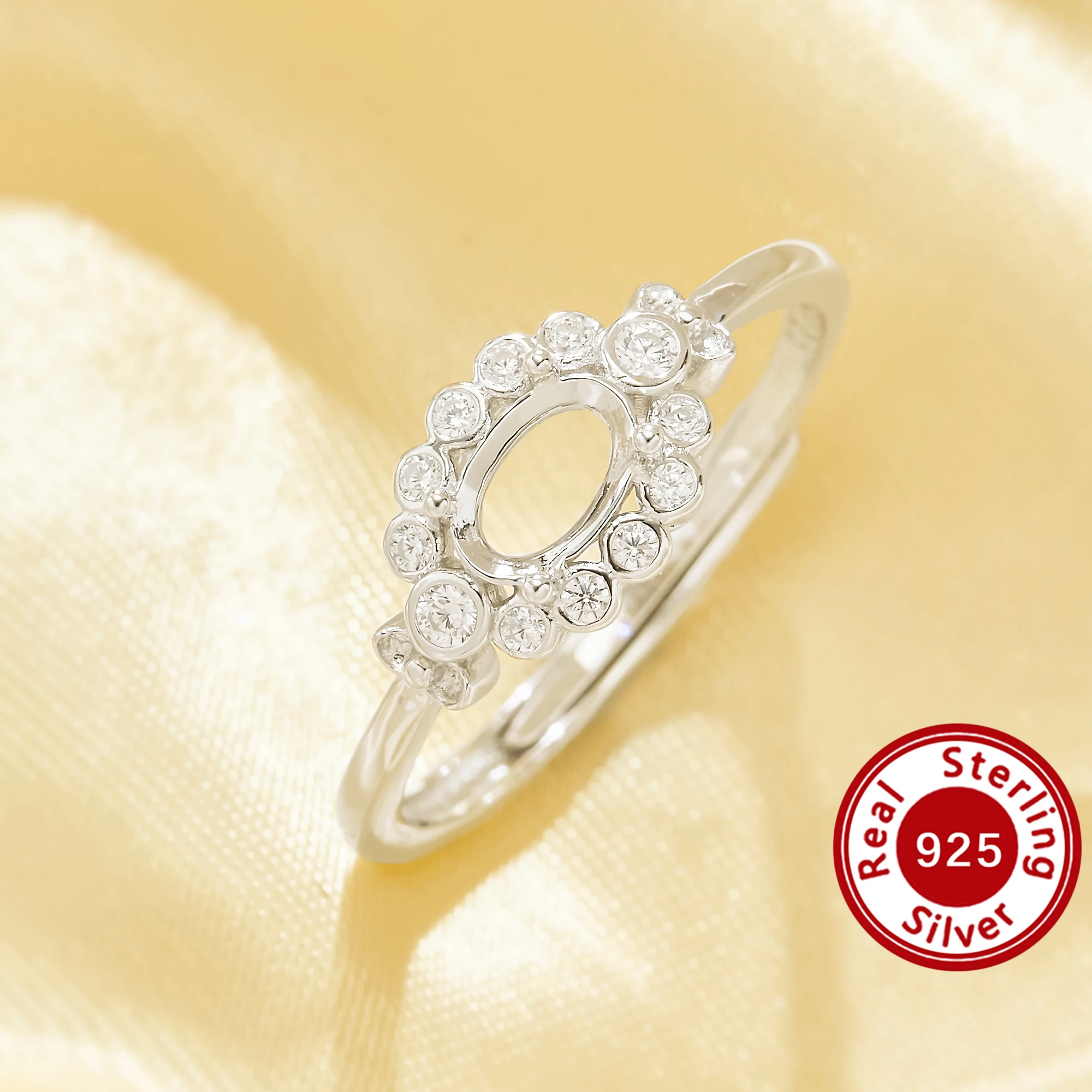 4x6MM Oval Prongs Ring Setting,Cluster CZ Halo Solid 925 Sterling Silver Ring,Vintage Ring,DIY Adjustable Ring Settings 1222179