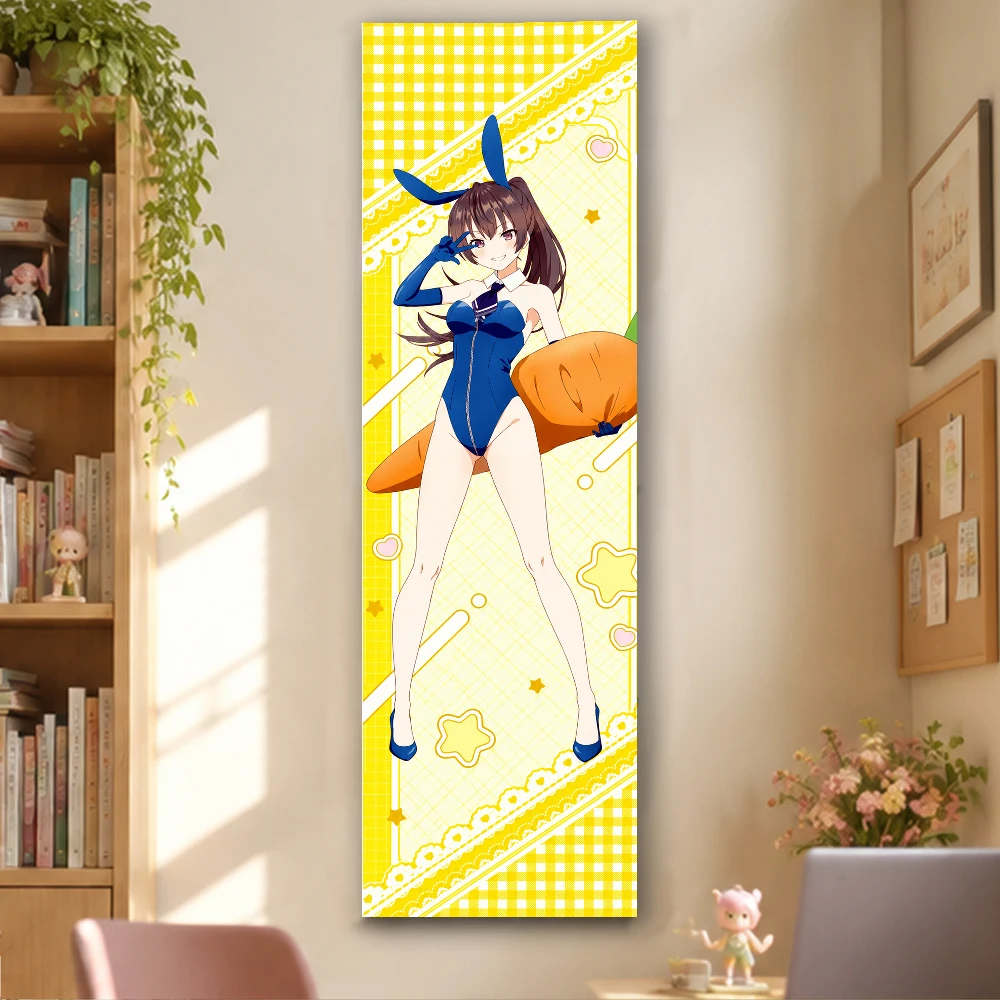 Kawaii Bunny Girl Blue Suit Vertical Anime Tapestry Yellow Plaid Wall Hanging Decor
