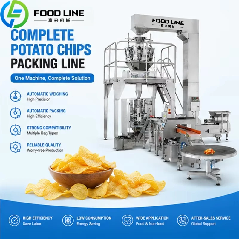 Multihead Weigher VFFS Potato Chips Packing System Modular Robotic Boxing Integrated Potato Chips Packaging Line customize