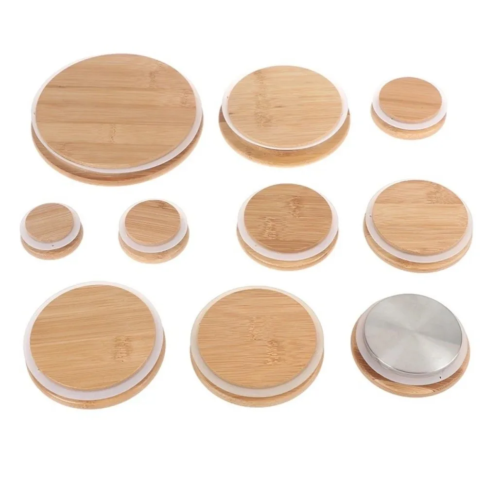 New Reusable Bamboo Lids Thicken Silicone Sealing Wooden Covers Non Leakage Jar Canning Caps Drinking Jar Supplies
