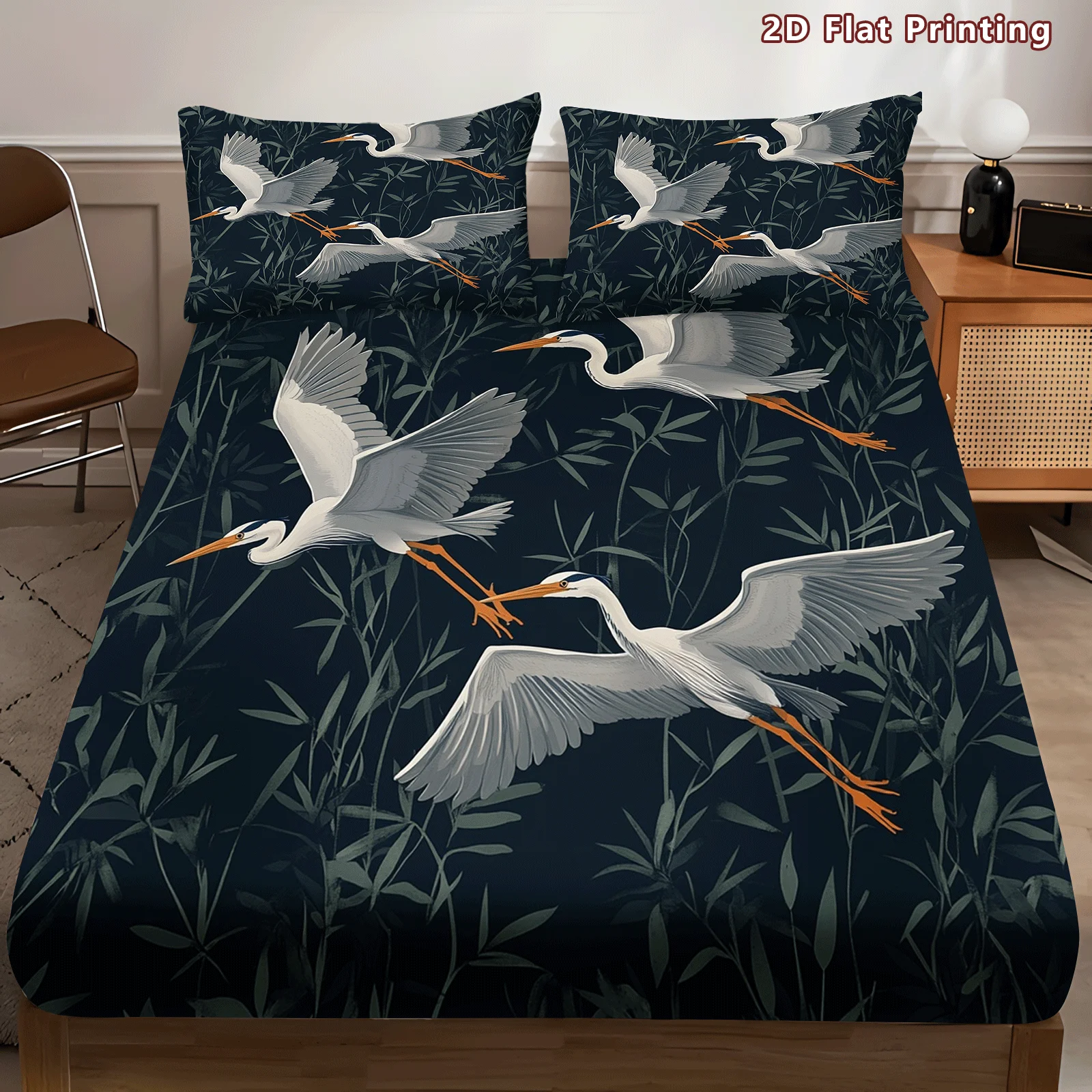 3-Piece Mattress Protector Set, 2D Flat Printed Fitted Sheet, Fitted Sheet Set, Heron, Bamboo Print, Fitted Sheet and Pillowcase, Vintage Heron, Home Bedroom Decor, Holiday-Themed Fitted Sheet and Pillowcase, Mattress Protector, Stain-Resistant, Mattress Cover, Suitable for All Seasons, Machine Washable, Easy to Care For, Suitable for Home Bedroom, Essential for Dorms and Rentals, Master Bedroom and Guest Room Decor, Dust-Proof and Stain-Resistant, High Elasticity, Fits Various Sizes