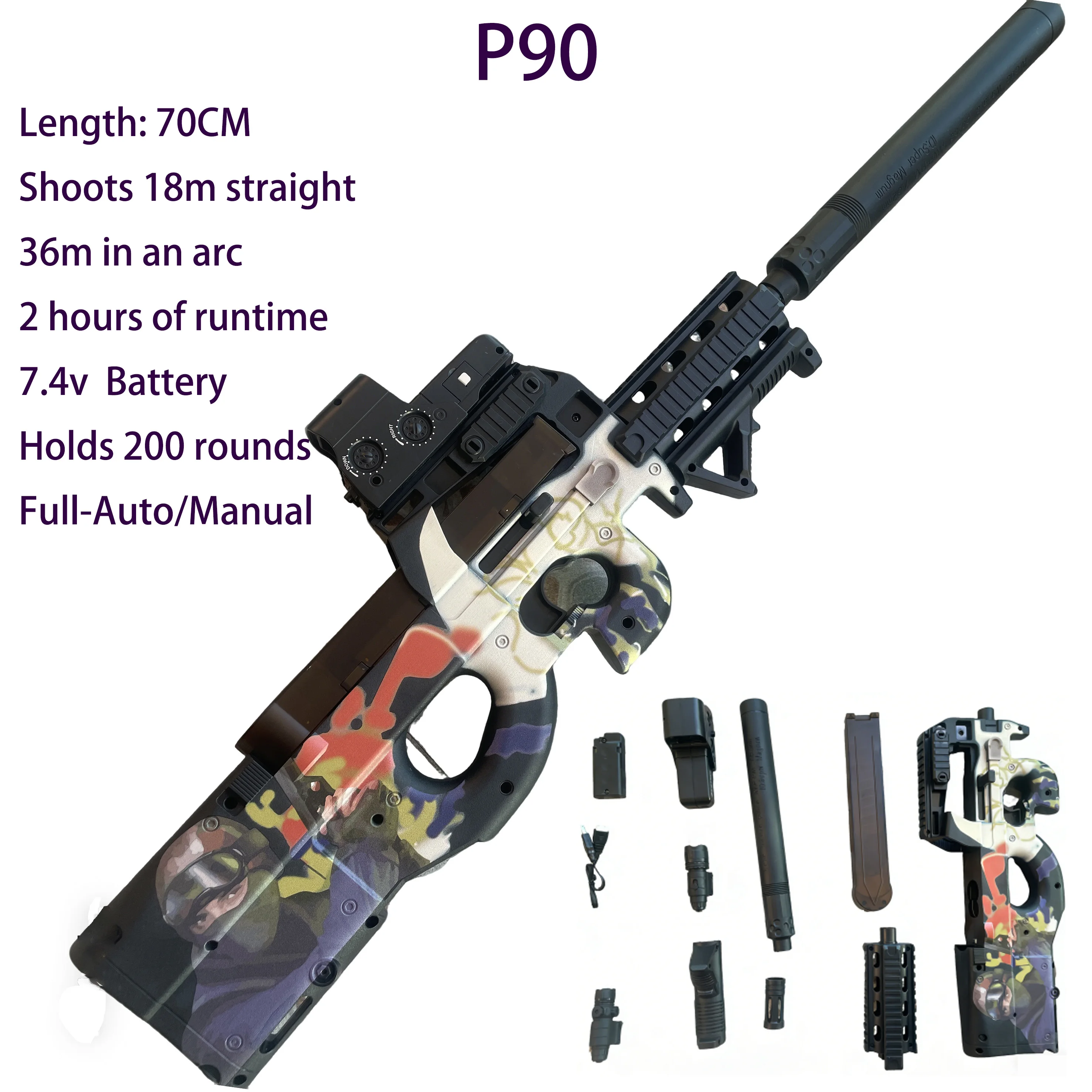 

P90 Full Auto Gel Ball Blaster для больших командных игр на открытом воздухе, электрический гелевый пистолет для водяных шариков большого размера, многопользовательская битва дальнего действия