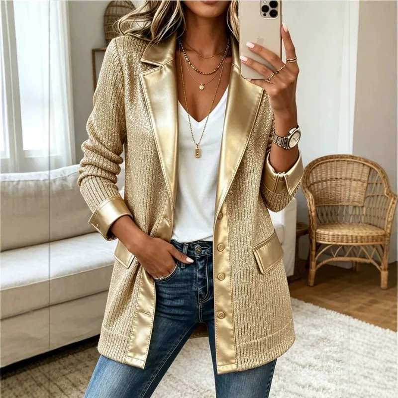 2027 Wintrer Women Gold Glitter Knit Blazer Satin Lapel Long Sleeve Open Front Party Outerwear Casual Elegant Cardigan Jacket