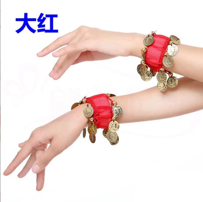 1 Pair Belly Dance Wrist Ankle Cuffs Bracelets Chiffon Gold Coin Belly Dance Costume Accessory Valentine's Day Gift Jewelry Girl