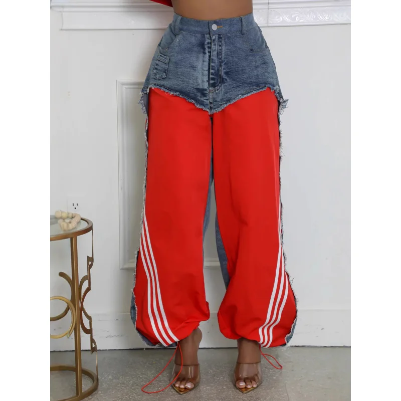 

2025European Goods Trendy Brand American Street Stitching Design Striped Bar Retro Drawstring Women's Jeans