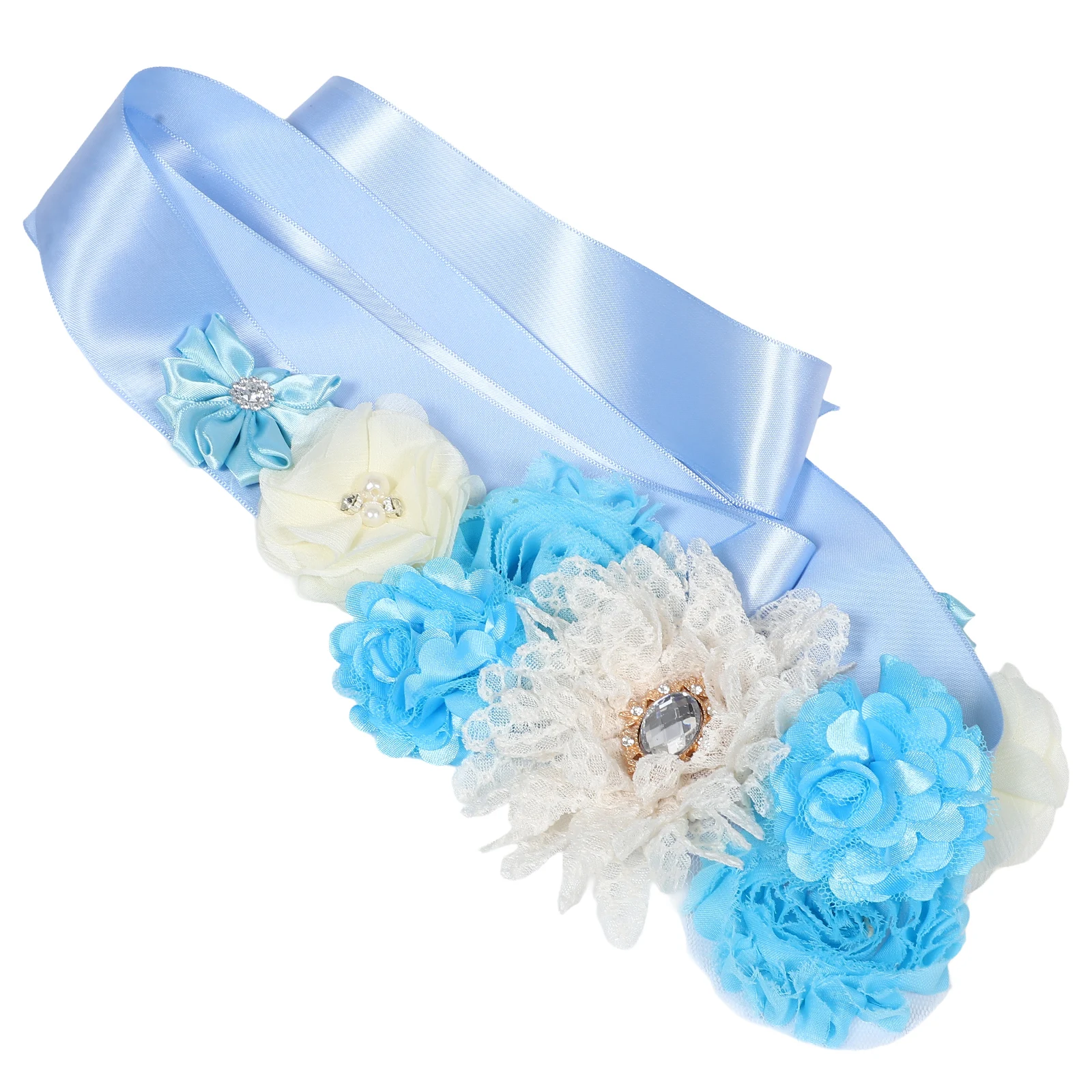 

2Pcs Maternity Sash Pregnancy Belt Floral Rhinestone Photo Prop Sky Blue Adjustable Waist Support Belly Belt for Baby Shower