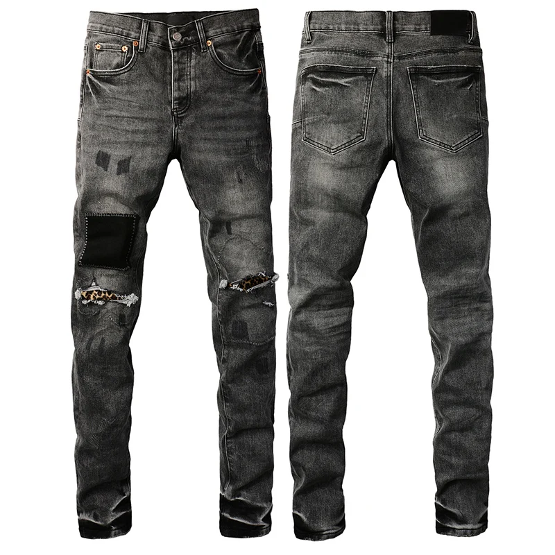 

American Trend Brand Jeans High Street Smoke Grey Men's Ripped Patch Denim Skinny Pants Summer Stretch Straight-leg Pants