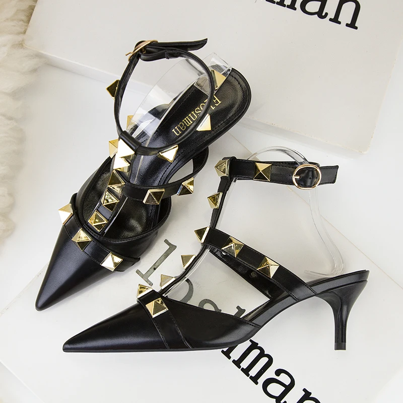 

Summer Woman Shoes 6cm High Heels Rivet Buckle Women Pumps Sexy Hollow Party Female Sandals Pointed Soft Leather Ladies Footwear
