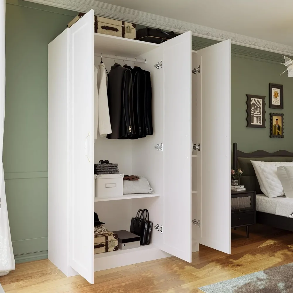 Armario blanco de 70 puertas alto y 3 puertas con varillas para colgar y 5 compartimentos de almacenamiento para dormitorio