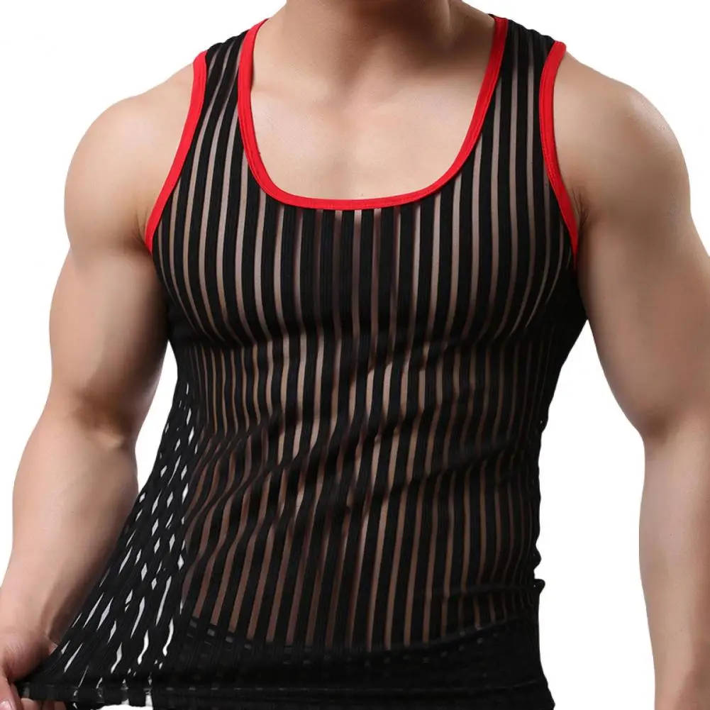 Summer Men Undershirt Trendy Sports Vest Striped Shirt Elastic Mesh Yarn Tees Bottoming Shirt 3D Cutting Fitness Vest Streetwear