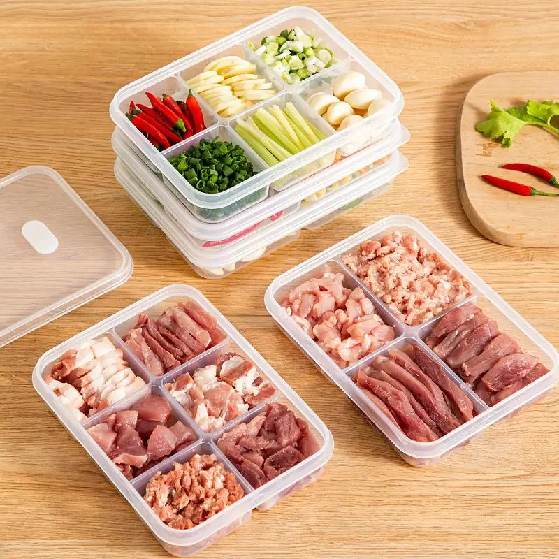 New Refrigerator Storage Box Packed Meal Crisper Food Grade Sealed Food Froze Meat 2/4/6 Compartment Refrigerated Storage Box