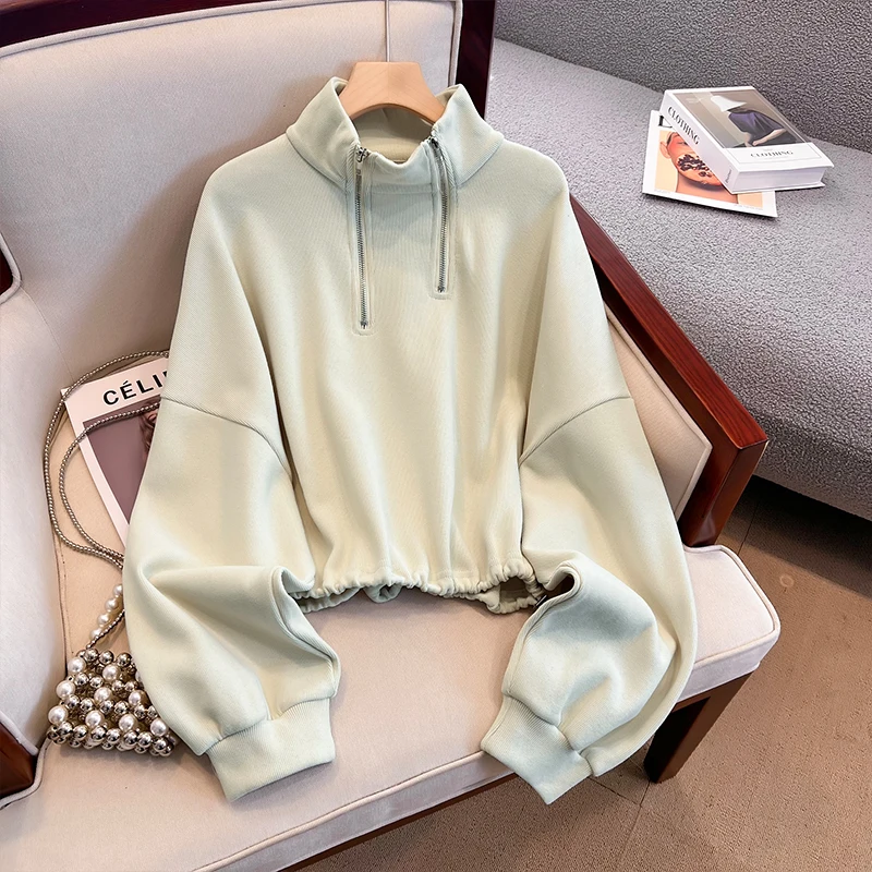 Streetwear Women Sweatshirt Casual Korean zipper Cropped Long Sleeve Tops Y2K Fashion Female Solid color Patchwork T Shirts chic