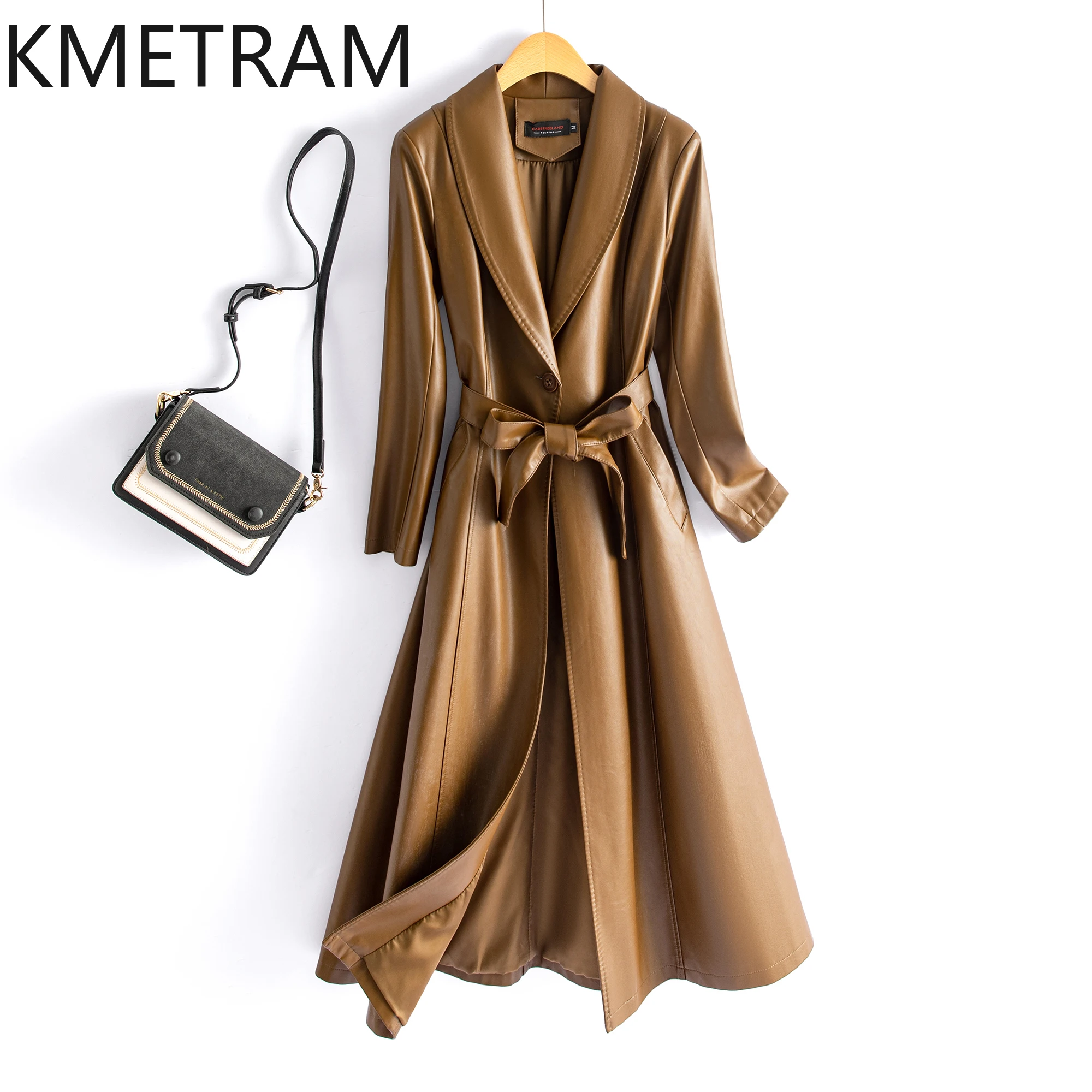 KMETRAM Genuine Sheepskin Leather Jacket Women Large Size Spring Autumn Women\'s Clothing Overknee Long Womens Coat Slim Fit