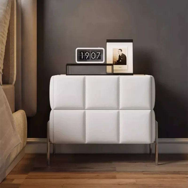 Modern Quilted Leather Nightstand with Chrome Legs, Padded Bedside Table, Minimalist Upholstered Storage Cabinet for Bedroom