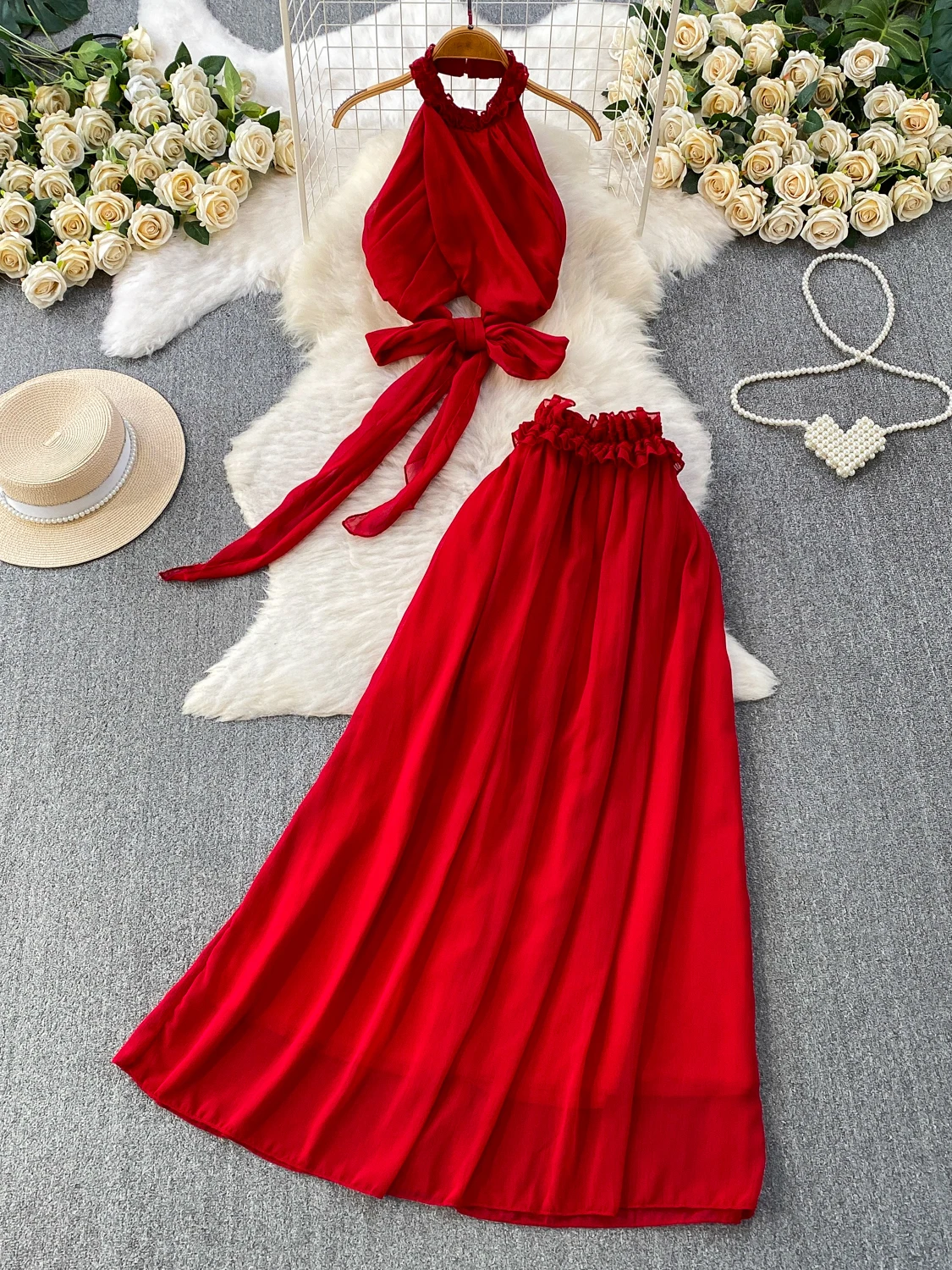 French Style Holiday Sexy Backless Chiffon Breathable Neck Hanging Top Design High Waist Slim Long Skirt Two-Piece Set