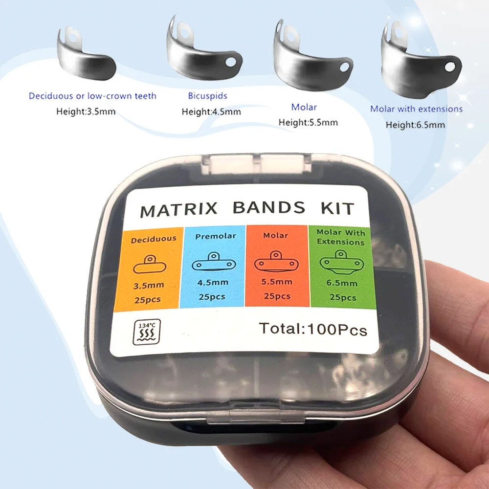 

100 Pcs per Box Dental Matrix Bands with Holes Pre Contoured Stainless Steel Sectional Strips for Tooth Restoration