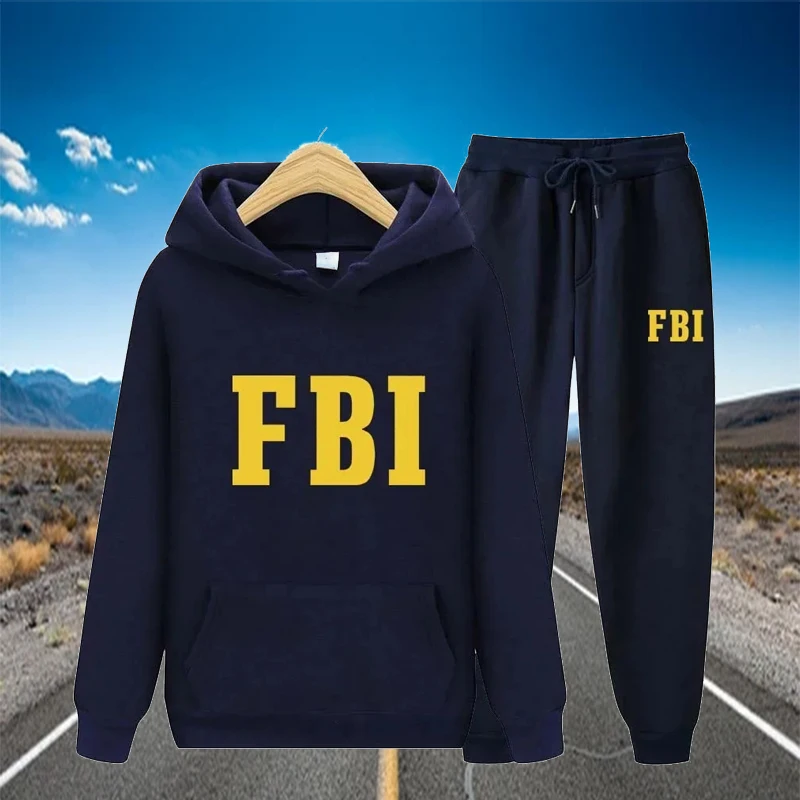 

Spring New FBI Printed Men's and Women's Cotton Tracksuit Casual Hoodie + Pants 2-piece Street Fashion Unisex Clothing