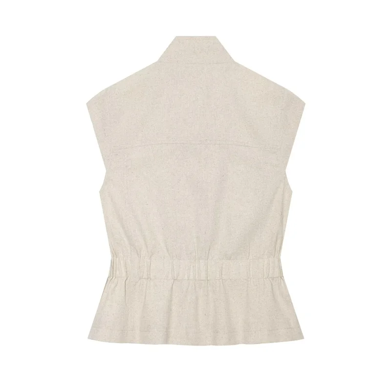 Guobioziy 2026 Fall New Style Women's Jacket Khaki Sleeveless Vest with Pocket Decoration and Pleated Waist Elegant and Fashion