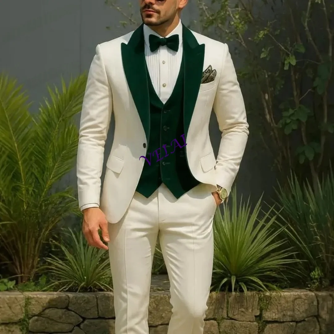 

CustomizedIvory And Dark Green Men Suit Wedding Party Formal Groom Groomsman Prom Business Male Tuxedos 3 Piece Set Jacket Vest