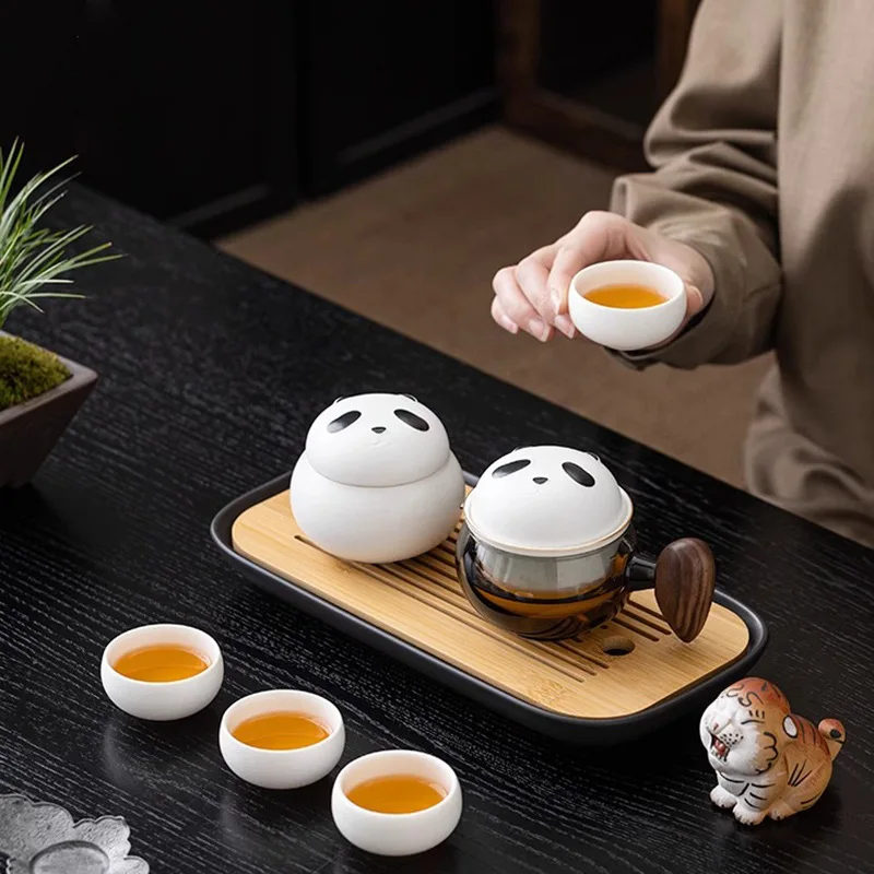 Panda Side Handle Kung Fu Tea Set Household Light Luxury High-End Ceramic Tea Set and Teapot Gift Chinese Tea Set