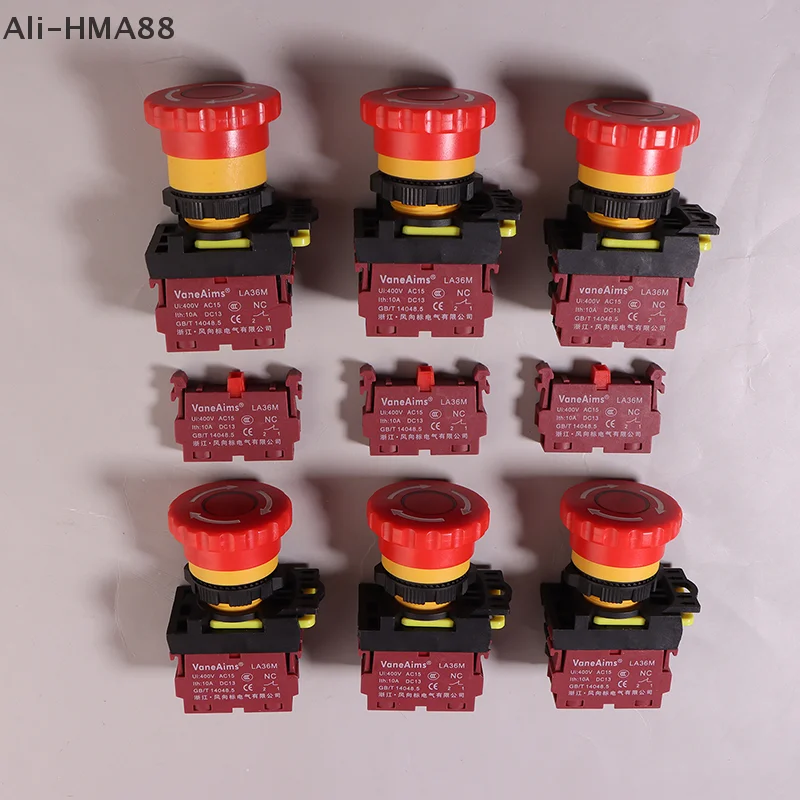 

22MM LA36M Emergency Stop Button Switch E-Stop Plastic Mushroom Push Button Switches ON OFF With LED Light 12V-24V 110V 220-380V