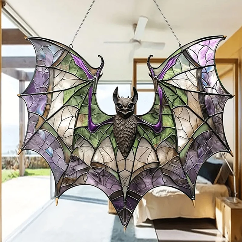 Contemporary Acrylic Bat Suncatcher Stain Glass Style Hanging Ornament For Window Halloween Decor Home Wall Art