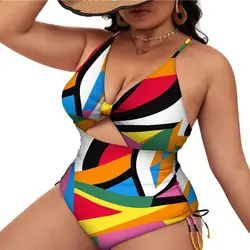 V-neck Spaghetti Straps Hollow Out Side Drawstring Women Monokini Summer Floral Print Plus Size One-piece Bikini Beach