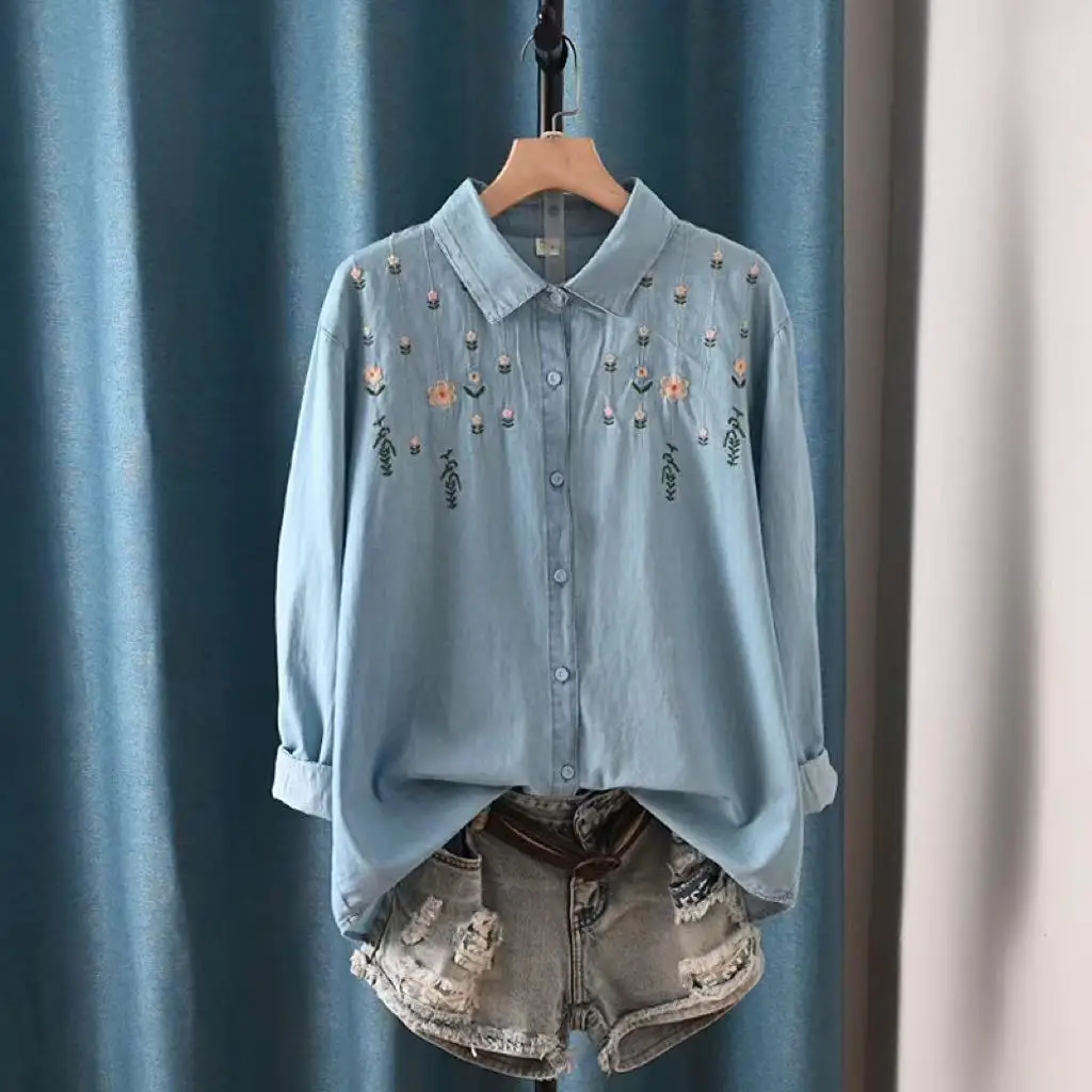 100% Cotton Denim Shirts Women Korean Fashion Harajuku y2k Embroidery Jean Blouse Mori Girl Lapel Long Sleeve Denim Cardigan