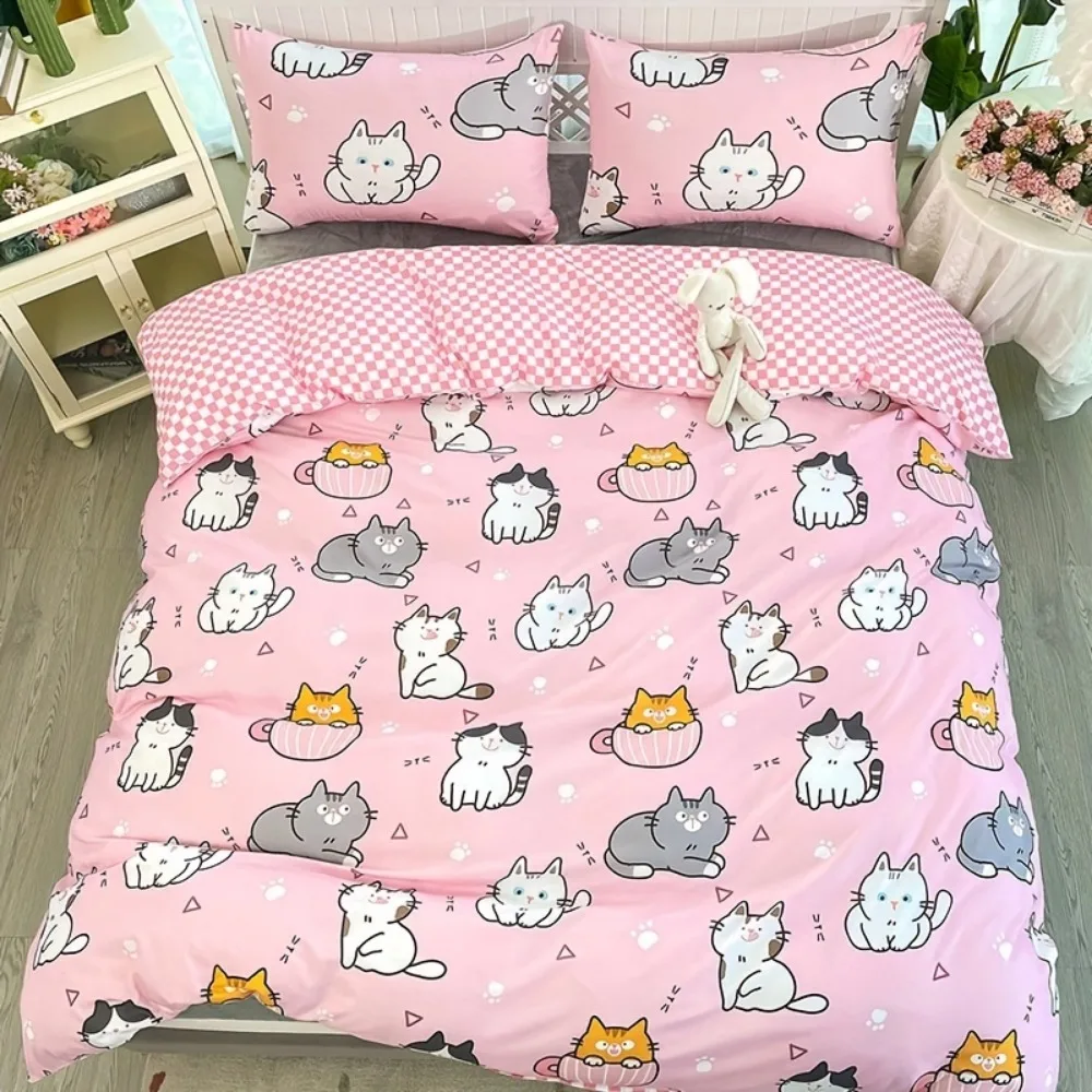 3pcs Blue Pink Black Bedding Set Cute Dog Cat Print Cozy Soft Duvet Cover King Queen Twin Size Birthday Gift Girls Bedroom Decor