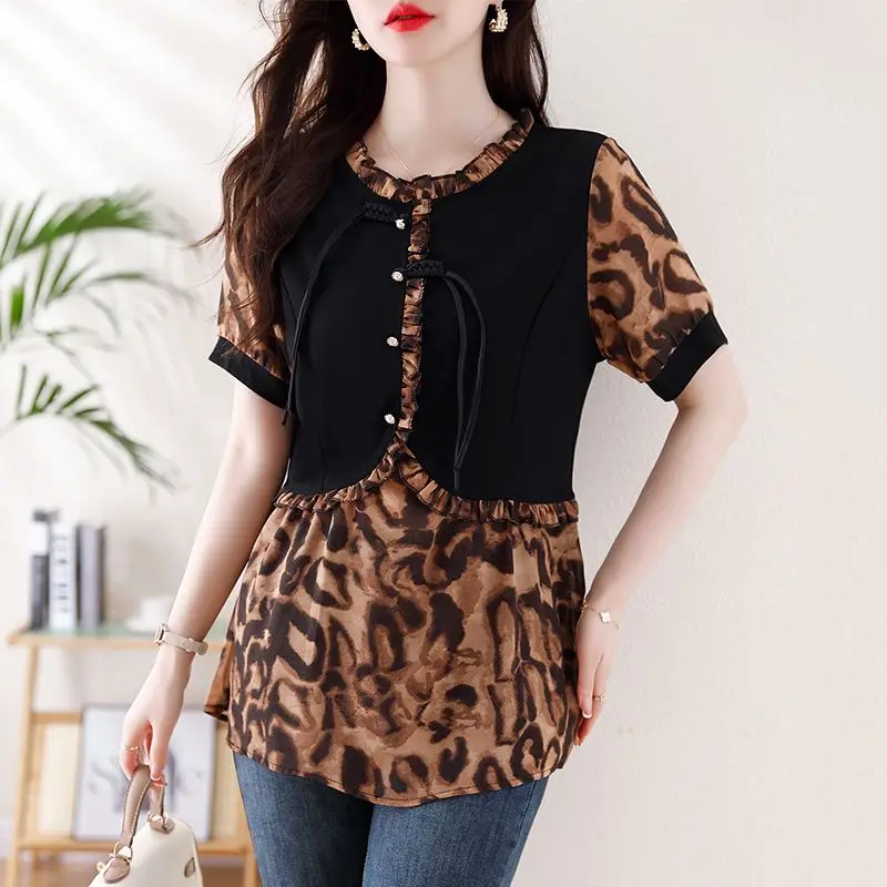 Women's Summer Pullover Round Neck Ruffles Patchwork Leopard Print Button Short Sleeve T-shirt Casual Chinese Style Midi Tops