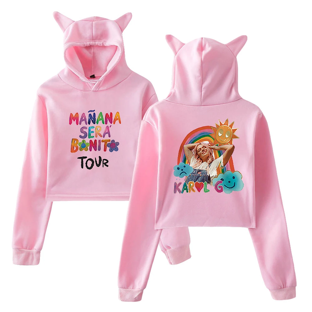 Karol G Manana Sear Bonito Tour Fashion Pullover Cat Ears Hoodie Long Sleeve Sweatshirts Female Crop Top Women's Clothes