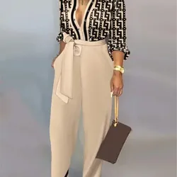 Spring Autumnnew Printed Long Sleeved For Women's Jumpsuit Fashion Slim High Waist Lace Up Elegant Female Office Jumpsuit Pant