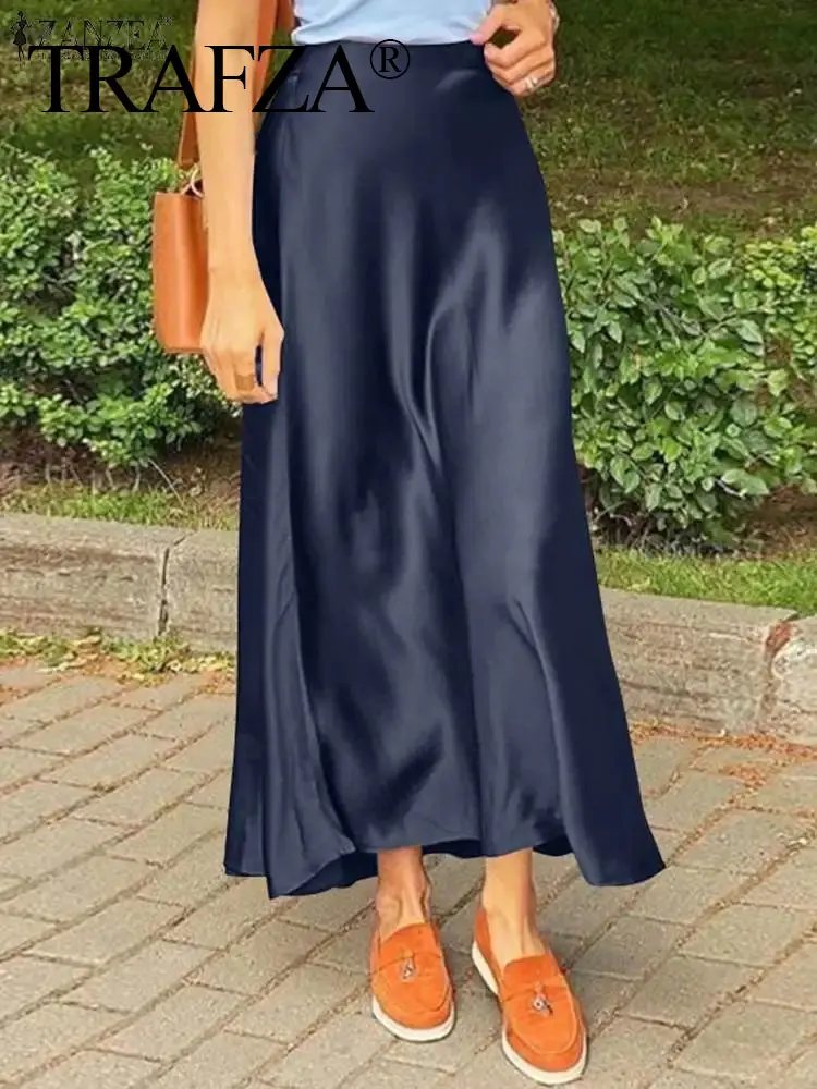 TRAFZA Skirt For Women Elegant Pink Skirts High Waist Slim Elastic Waist Satin Long Skirts 2024 Summer Casual Y2k Skirt Mujer