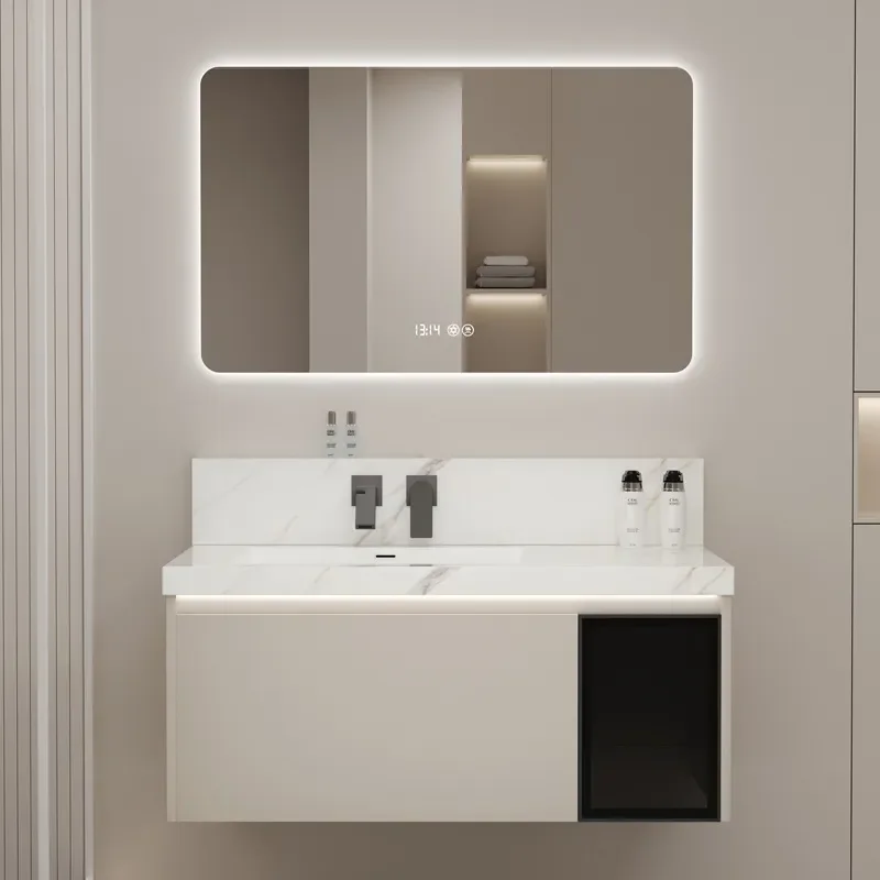 Smart Mirror Bathroom Vanity with Sintered Stone Top Ceramic Basin Hidden Faucet Sensor Light Storage Cabinet