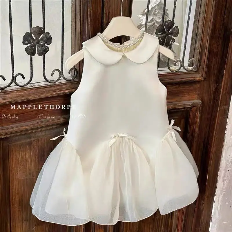 Girls Princess Dress White Kids Tulle Tutu Gown Children Piano Recital Performance Host Pageant Party Clothing
