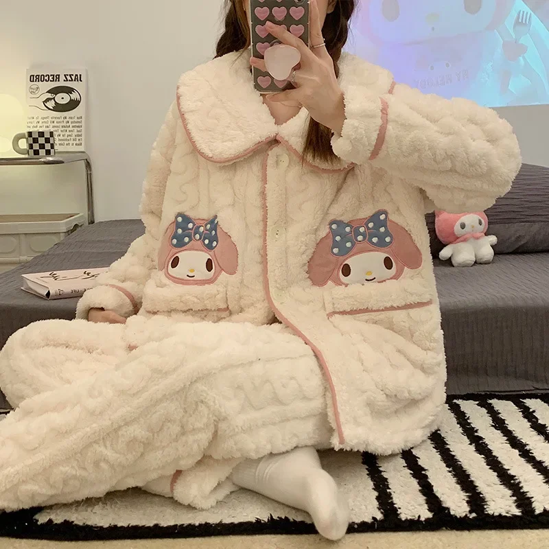 

Kawaii Sanrio My Melody Kuromi Plush Women Pajamas Cartoon Anime Pom Pom Purin Winter Thickened Warm Loungewear Two-piece Set