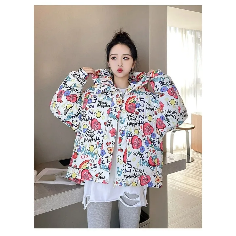 2023 Down Women New Small Thickened Loose Winter Dress Student Short Swallowtail Printed Cotton Coat