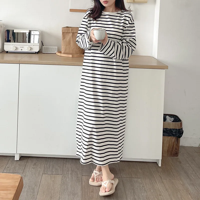 100% Cotton Maxi Dresses For Women Vintage Striped Long Sleeve Women'S Elegant Dresses Autumn Winter Clothes