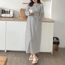 100% Cotton Maxi Dresses For Women Vintage Striped Long Sleeve Women'S Elegant Dresses Autumn Winter Clothes