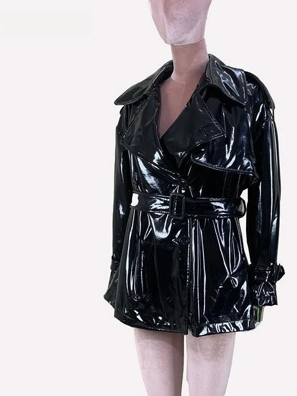 

Ele Bla High Gloss Leather Jaet Women's Loose Fit Windbreaker Coat Button Decorated Commute Sle PU Leather