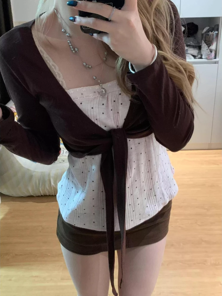 Korean Style Sweet Lovely 2 Piece Set Vintage Polka Dot Design Y2k Pink Tops + Brown Cardigan Japanese Fashion Kawai Outfits New
