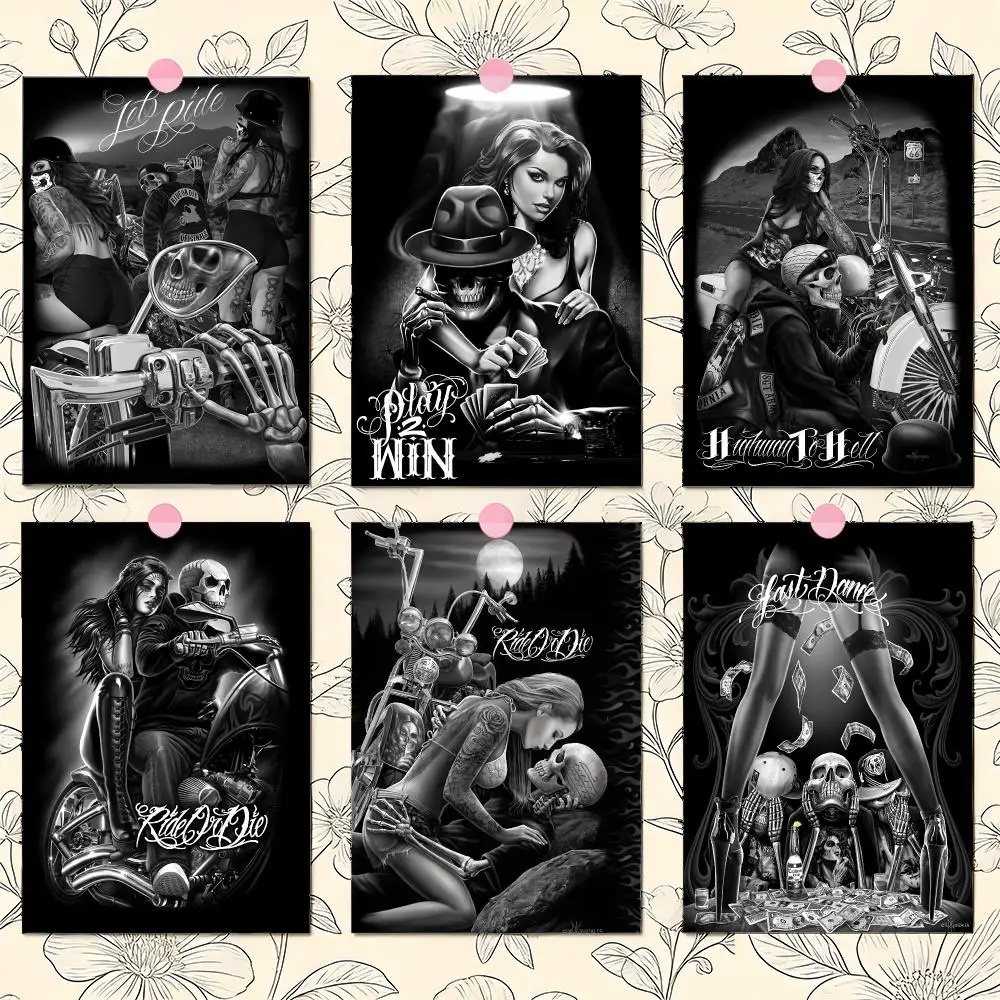 Graffiti Tattoo Rider Chicano Culture Motorcycle Poster Matte Self-Adhesive Wall Art Print Living Room Bedroom Home Decor